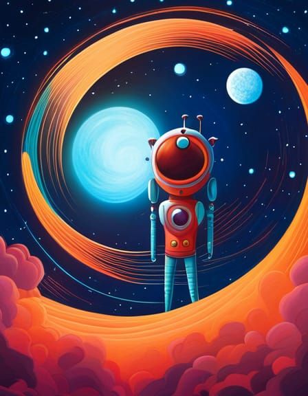Robot on the Moon, Whimsical Digital Art