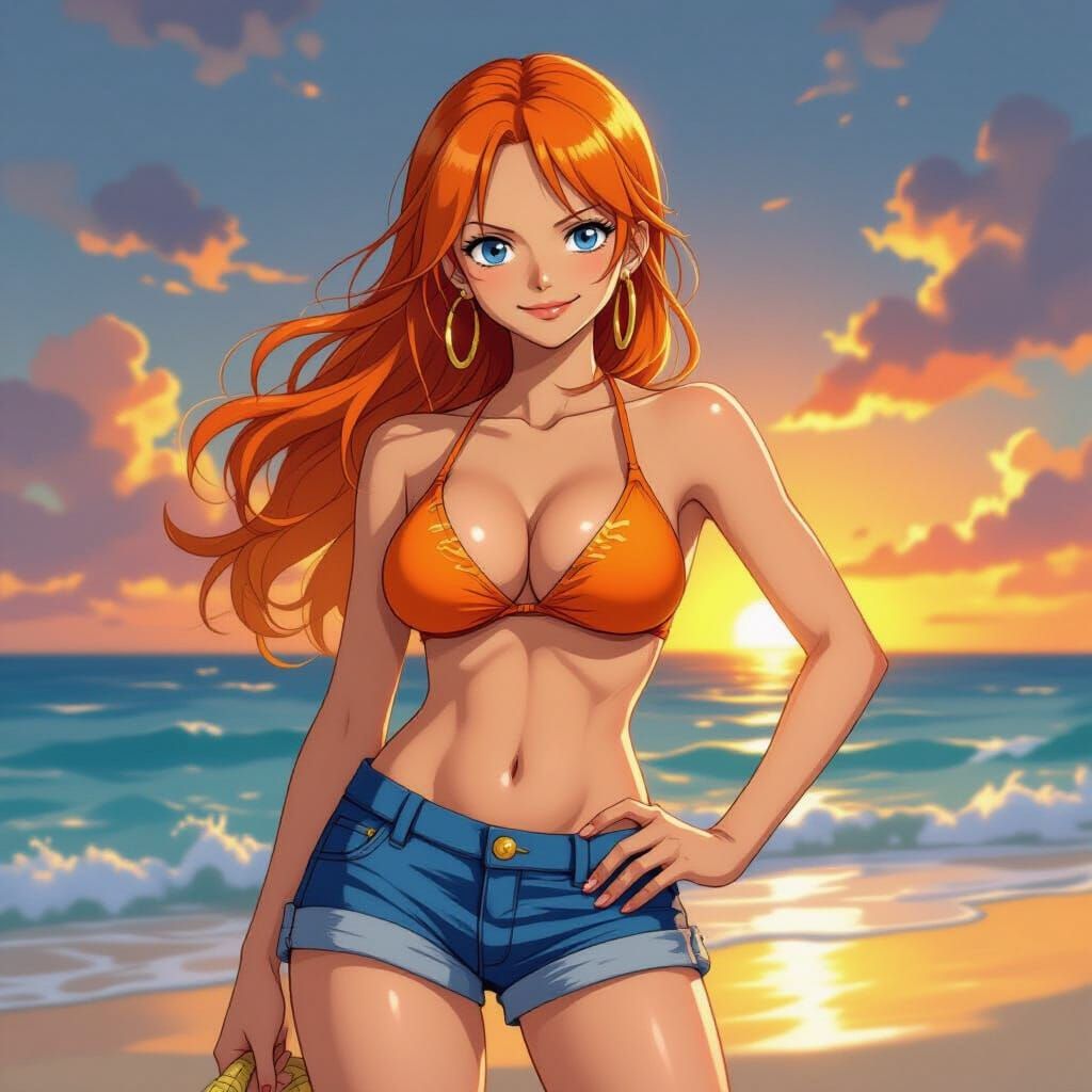 Nami in Bikini on Tropical Beach at Sunset