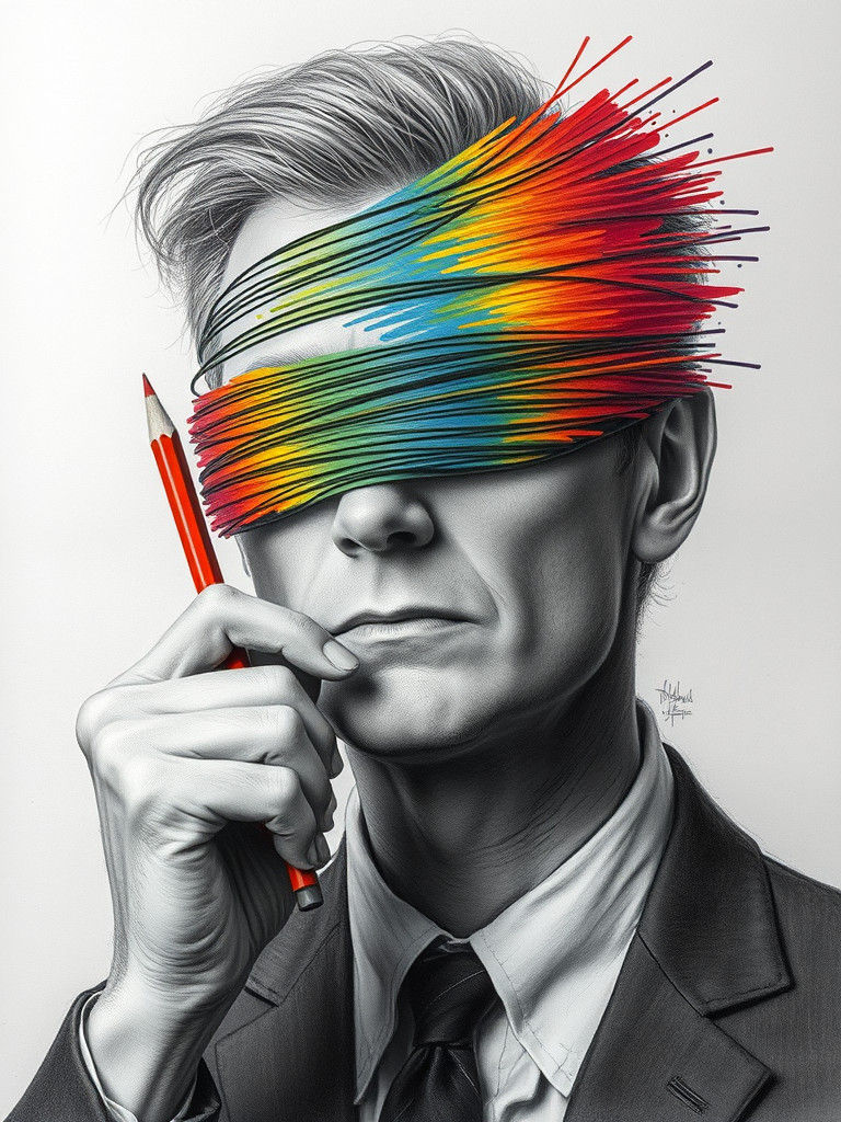 Surreal Gray Man Obscuring Face with Rainbow Scribbles