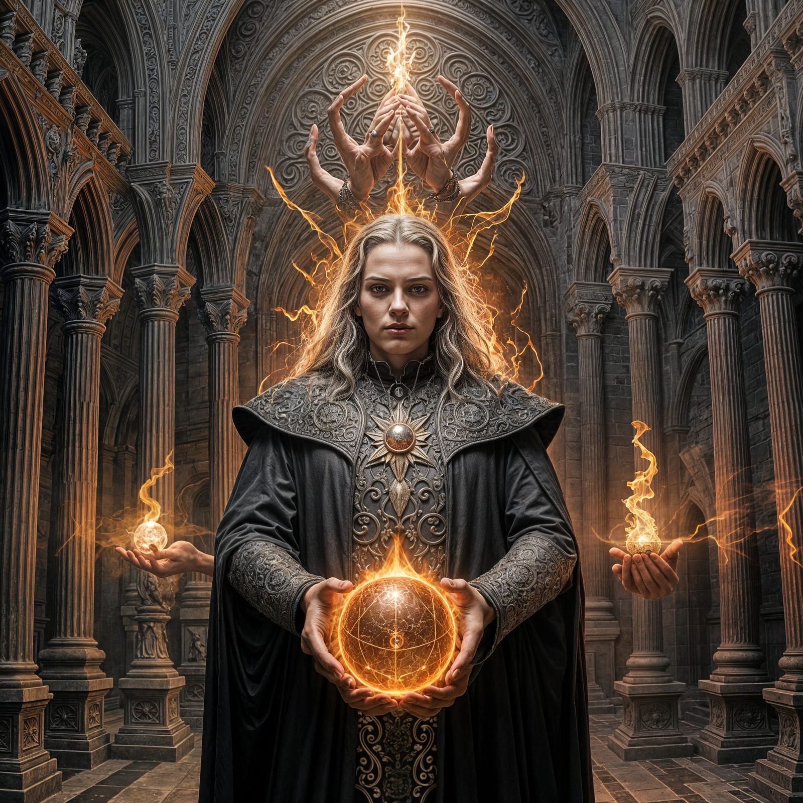 Realistic Gothic Wizard Conjures Blazing Fireballs