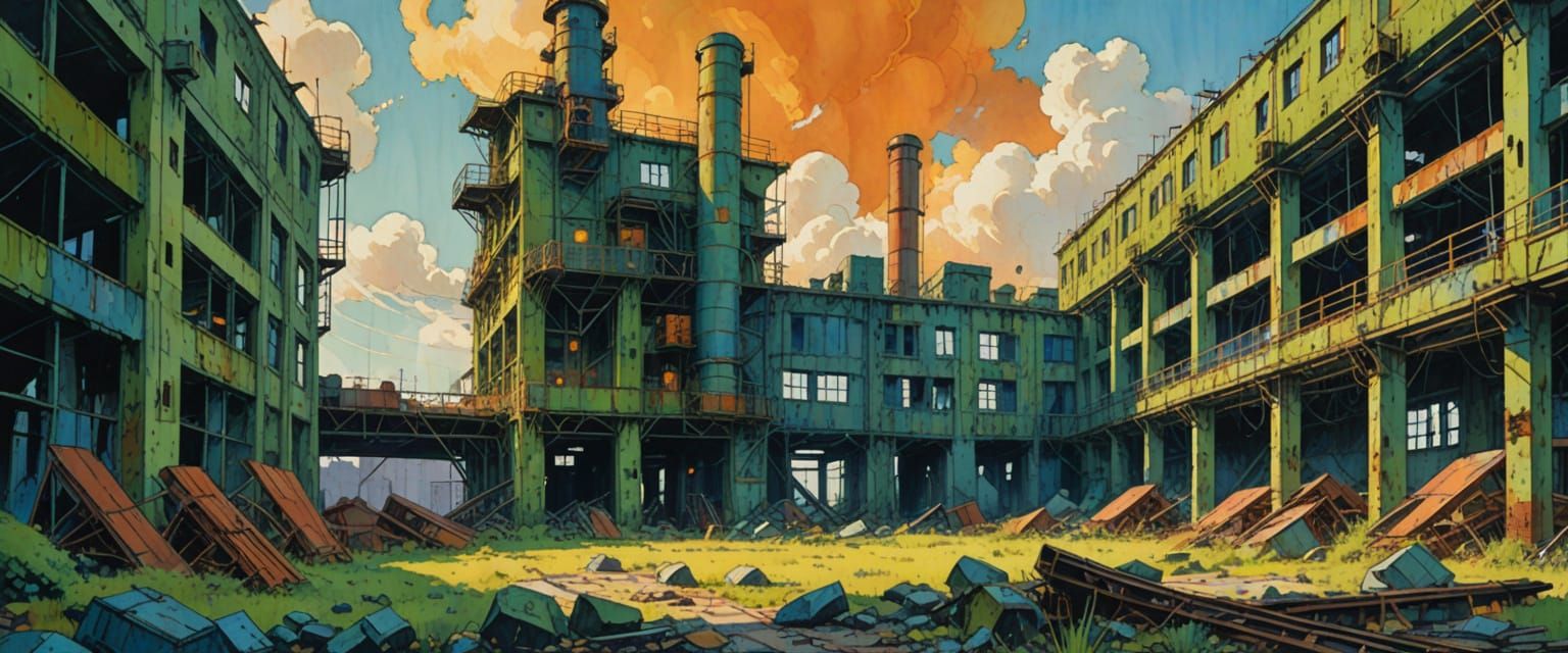 Abandoned Factory in Huge Sky, Retro Comic Style