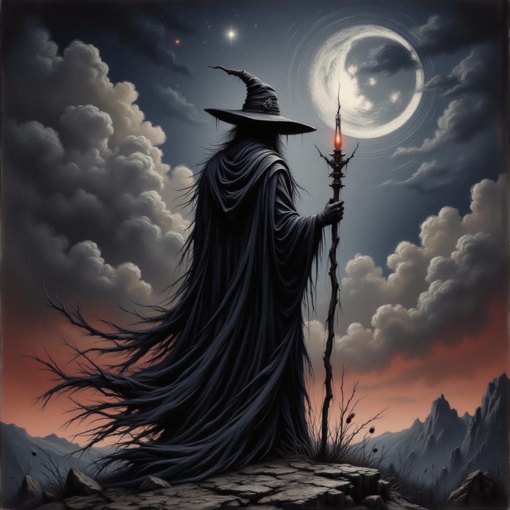 Mysterious Warlock Gazing at Eclipsed Moon