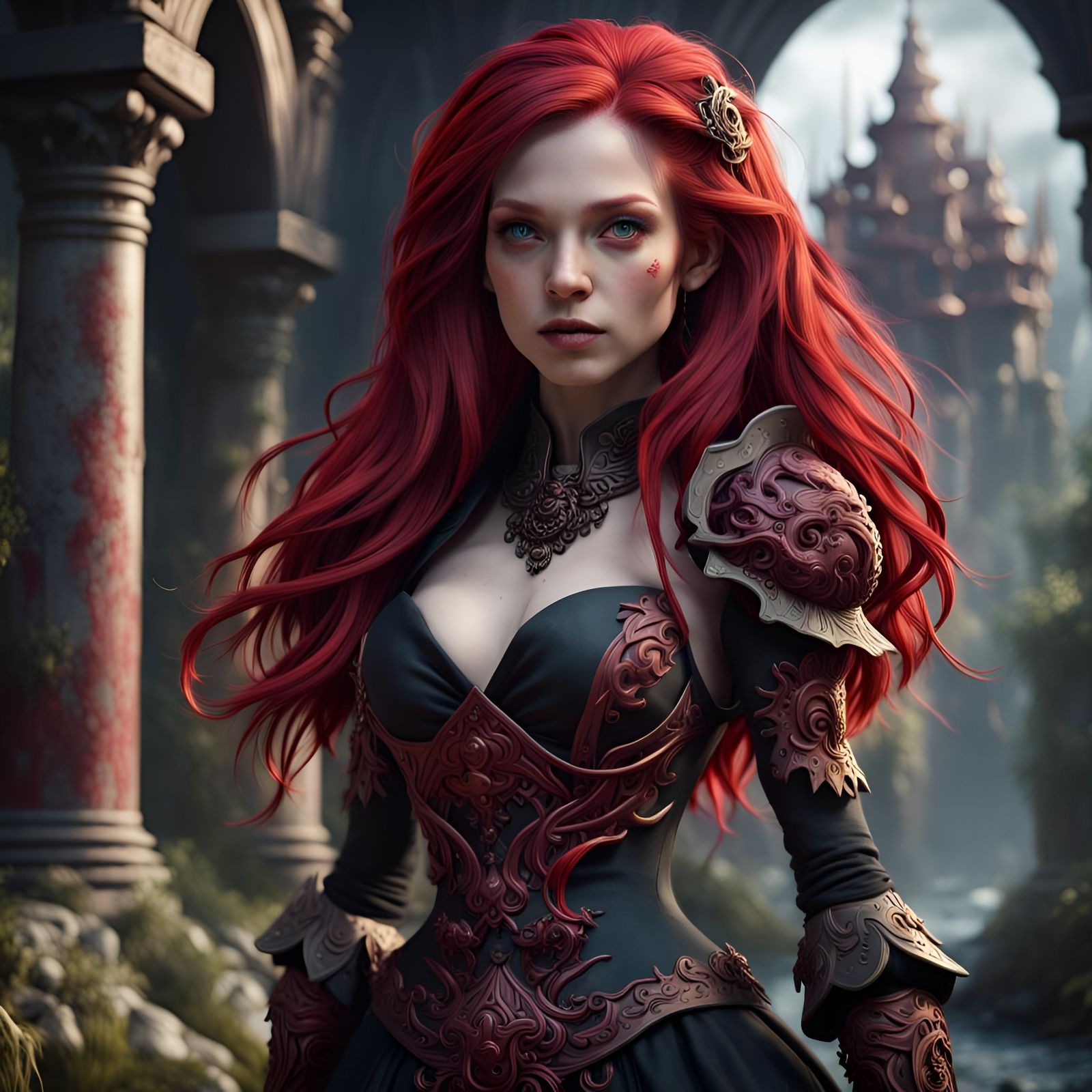 Crimson Haired Woman in Dark Fantasy Style
