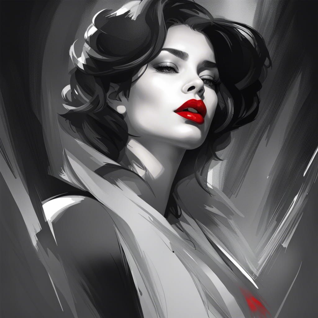 Monochrome Portrait of Woman with Red Lipstick