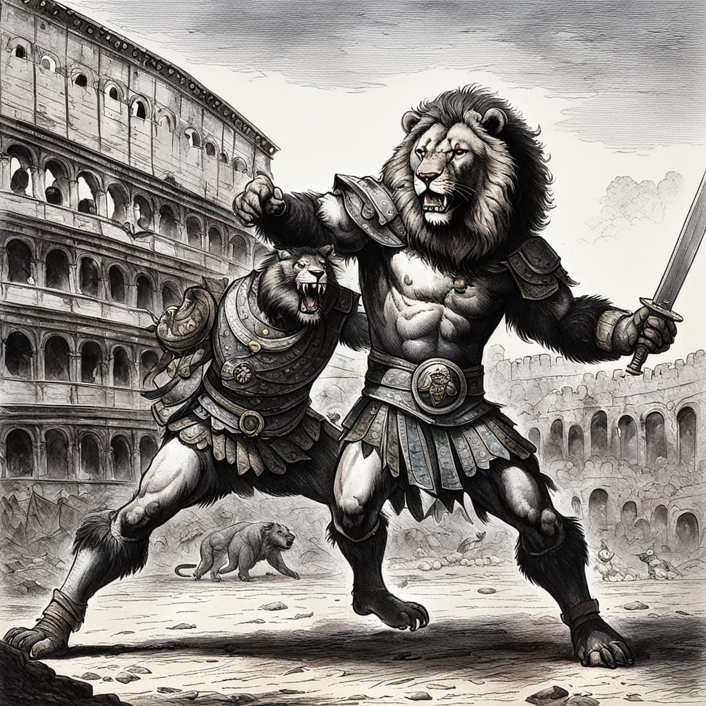Lion Pirate Gladiator Versus Grizzly Bear in Colosseum