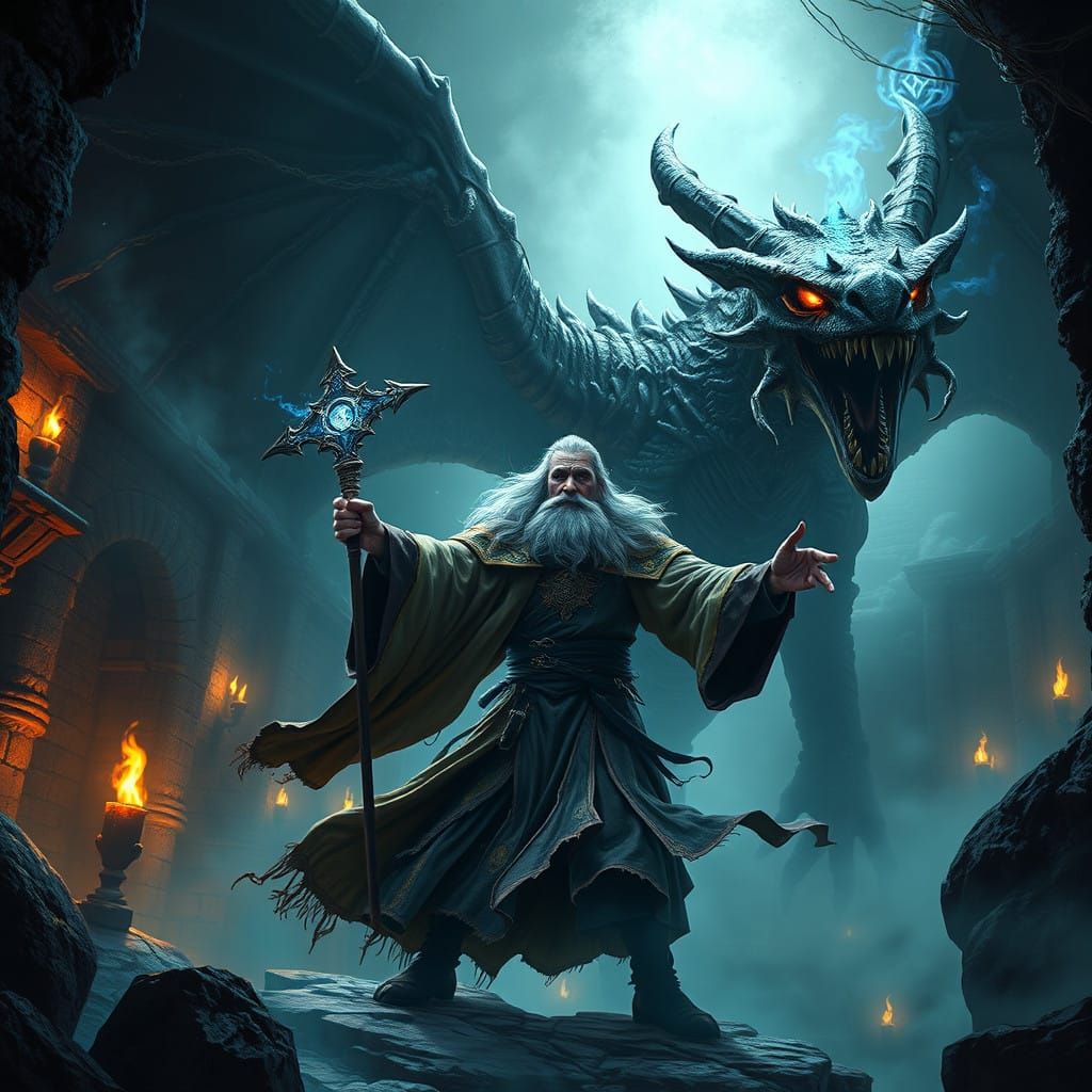 Epic Wizard Battles Undead Dragon in Ancient Mage's Dungeon