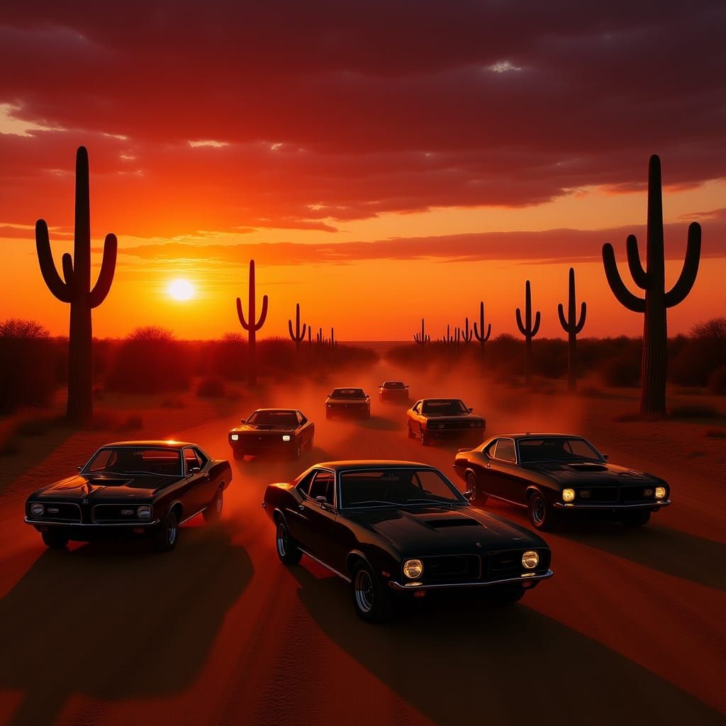 Classic Muscle Cars Race Through Desert Sunset