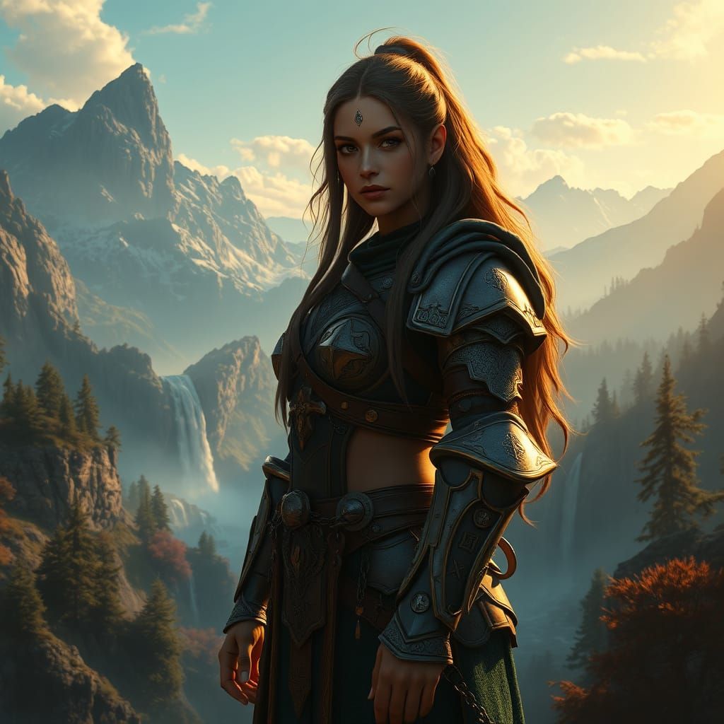 Heroic Warrior Maiden in Vibrant High-Fantasy Landscape