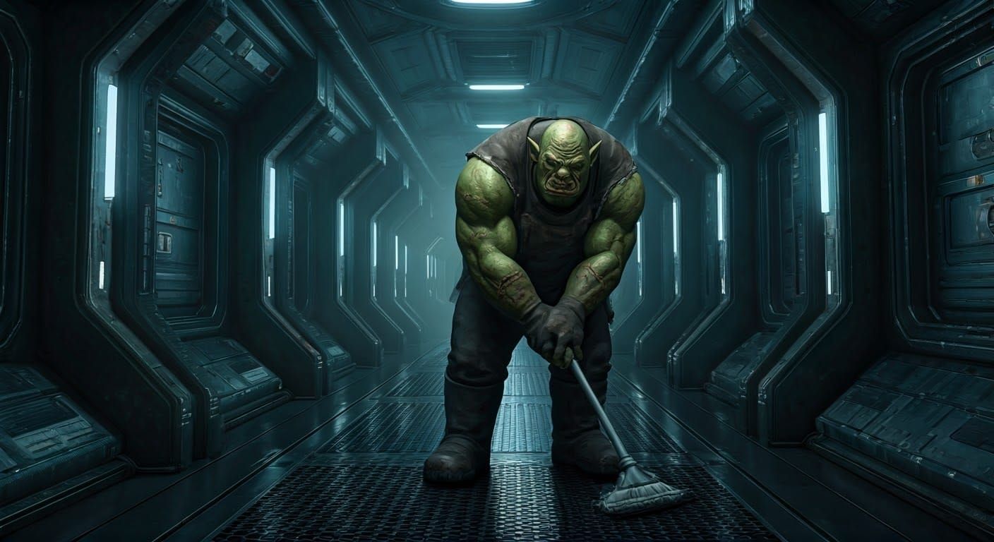 Gritty Space Station Janitor in Hyperrealistic HDR