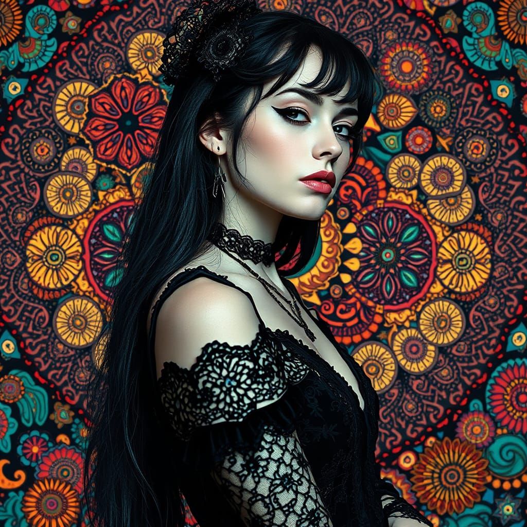 Ethereal Gothic Woman in Klimt-Inspired Pop Surrealism