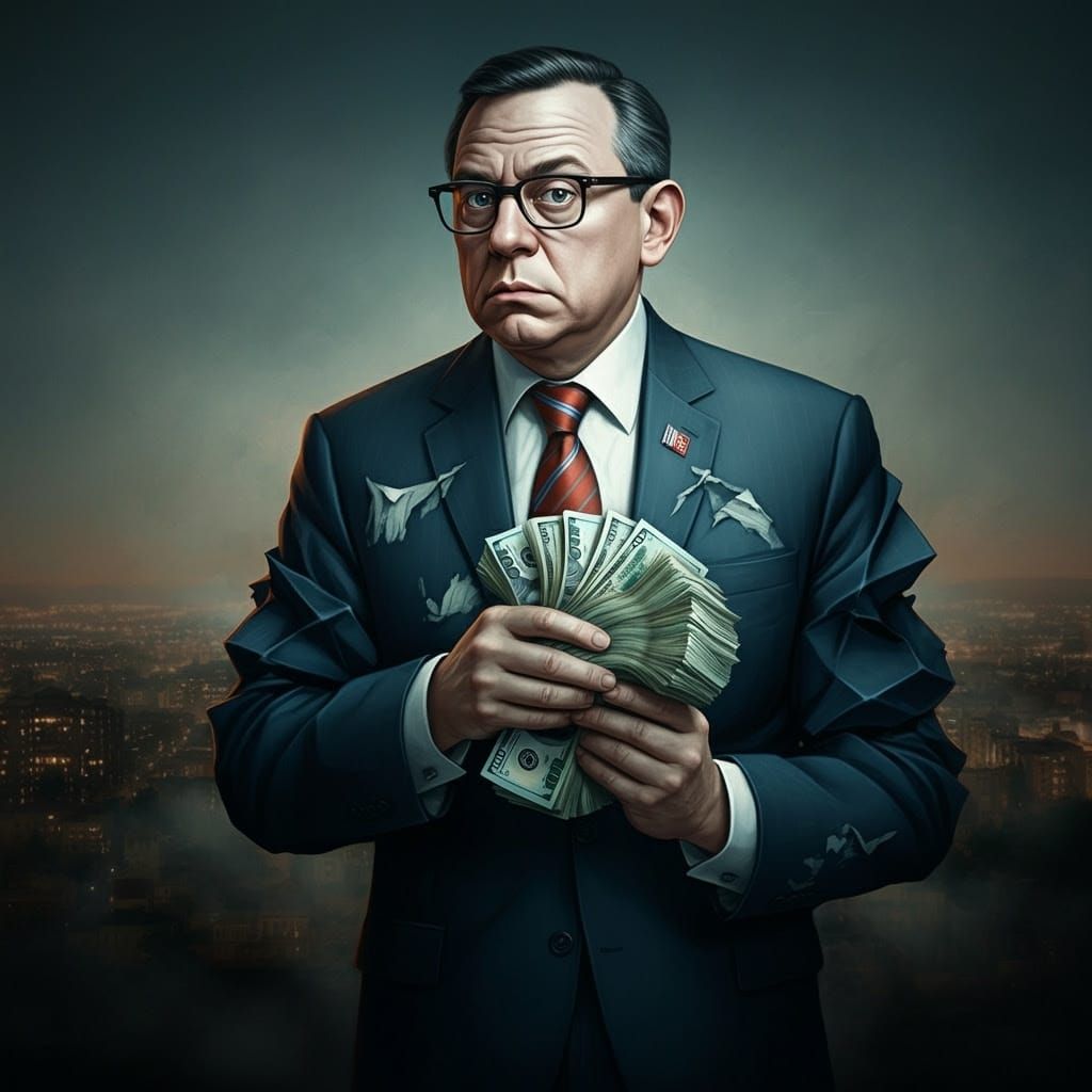 Corrupt Politician Exposed in Cityscape at Dusk