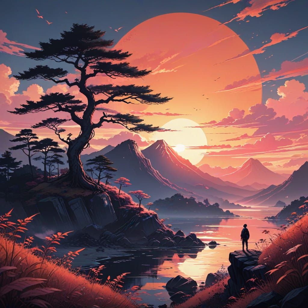 Vibrant Sunrise in Exaggerated Anime Style