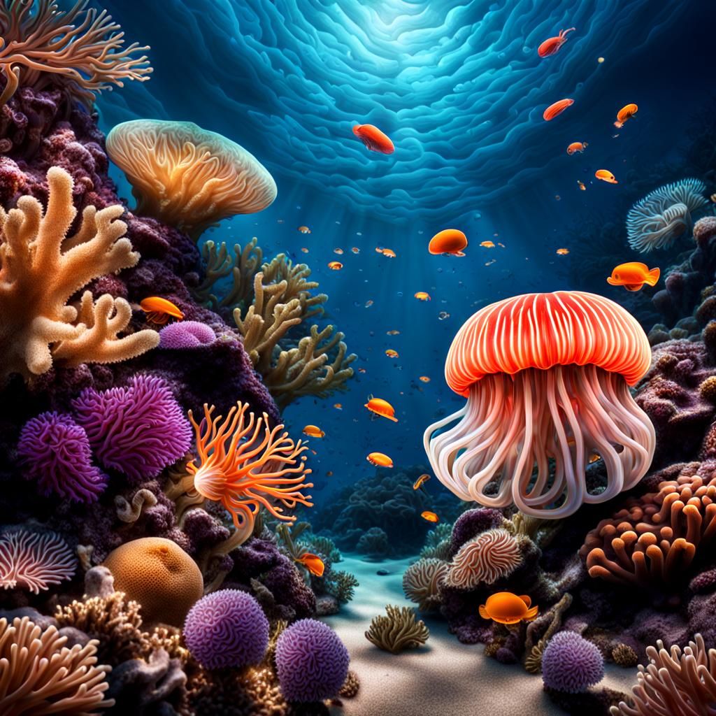 Vibrant Coral Reef with Jellyfish and Anemones