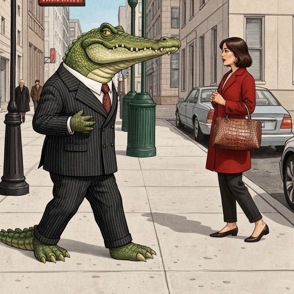 Anthropomorphic Alligator in Suit Sees Woman with Alligator ...