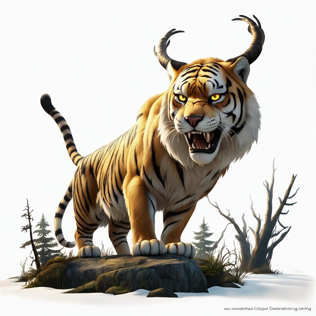 Sabertooth Tiger Roaring in Dark Forest: 3D Anime Art