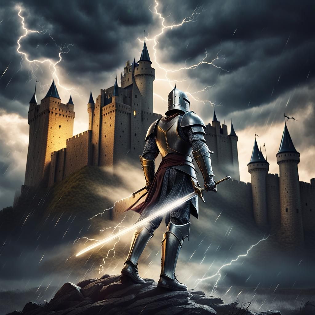 Knight Approaches Stormy Castle in Dark Fantasy Art