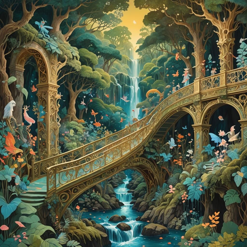Ornate Fantasy Bridge with Mystical Waterfall Collage