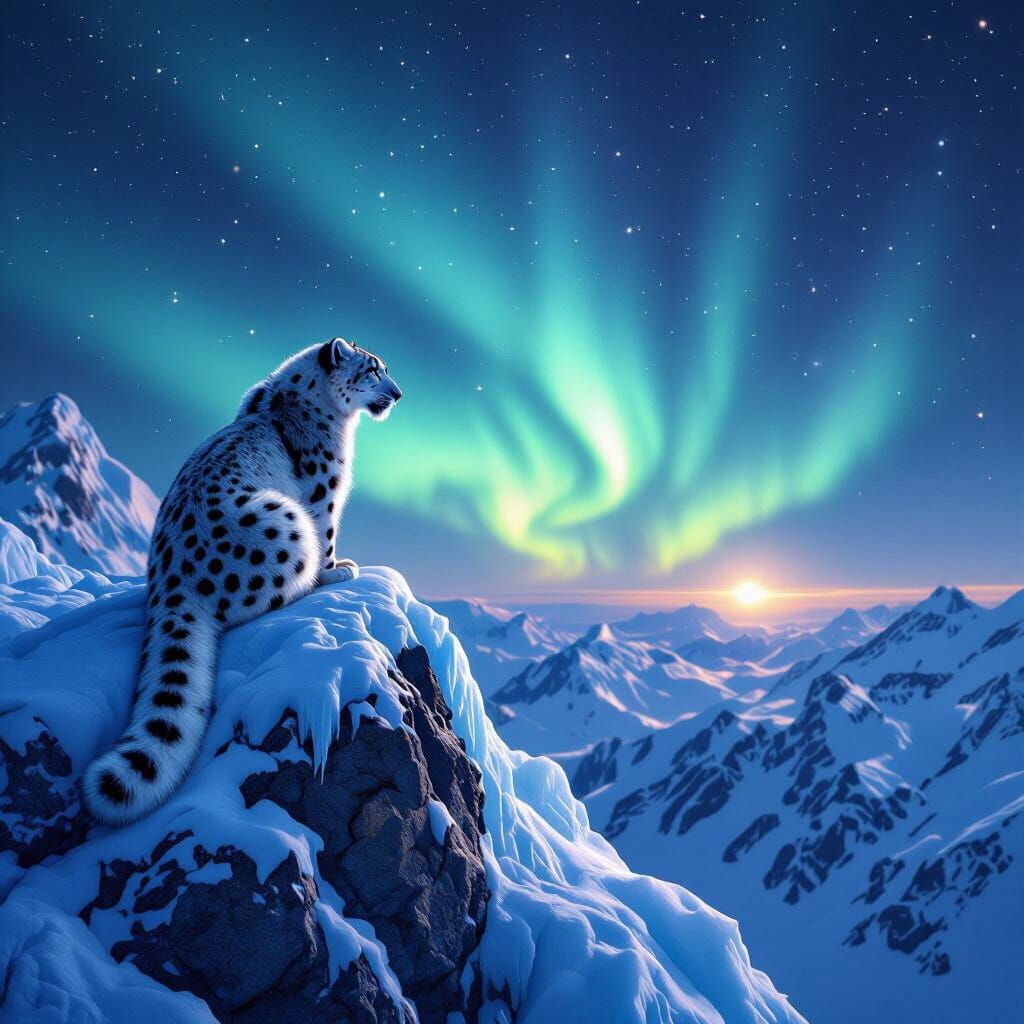 Snow Leopard Under Aurora Borealis on Icy Peak