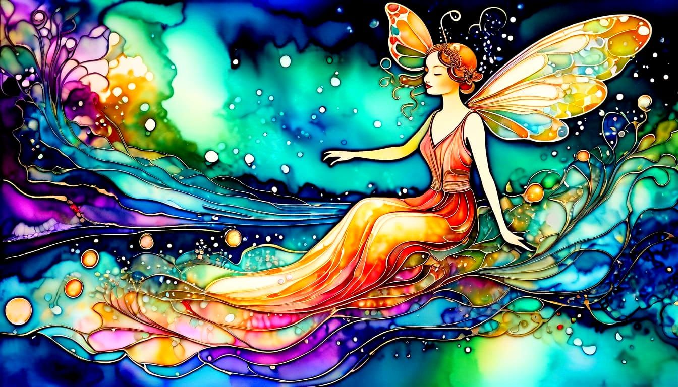 Fairy Descending Holographic River in Art Deco Style