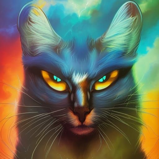 Giant Flying Cat in Storm with Triadic Colors