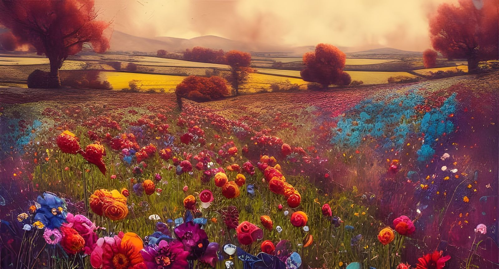 Bucolic Flowery Countryscape in Patchwork Comic Art Style