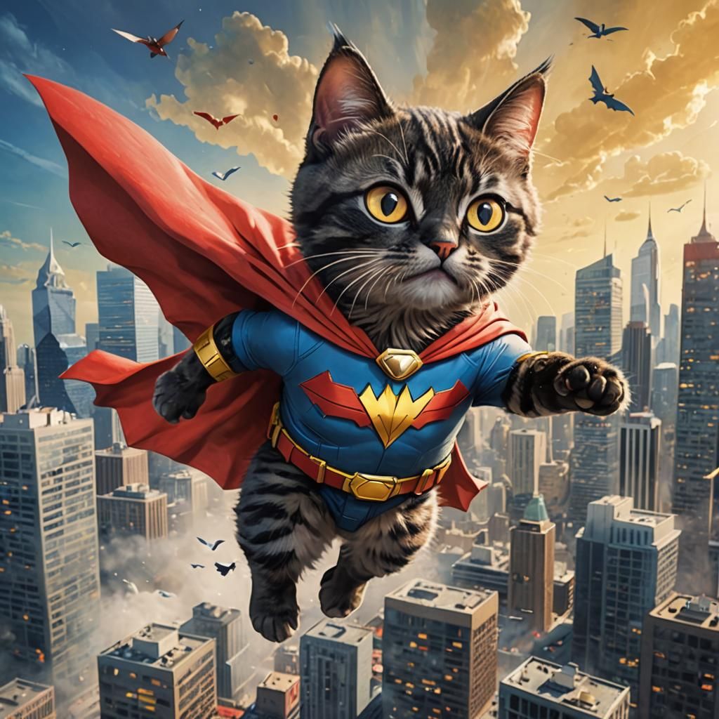 Superhero Cat Soaring Through the Skies