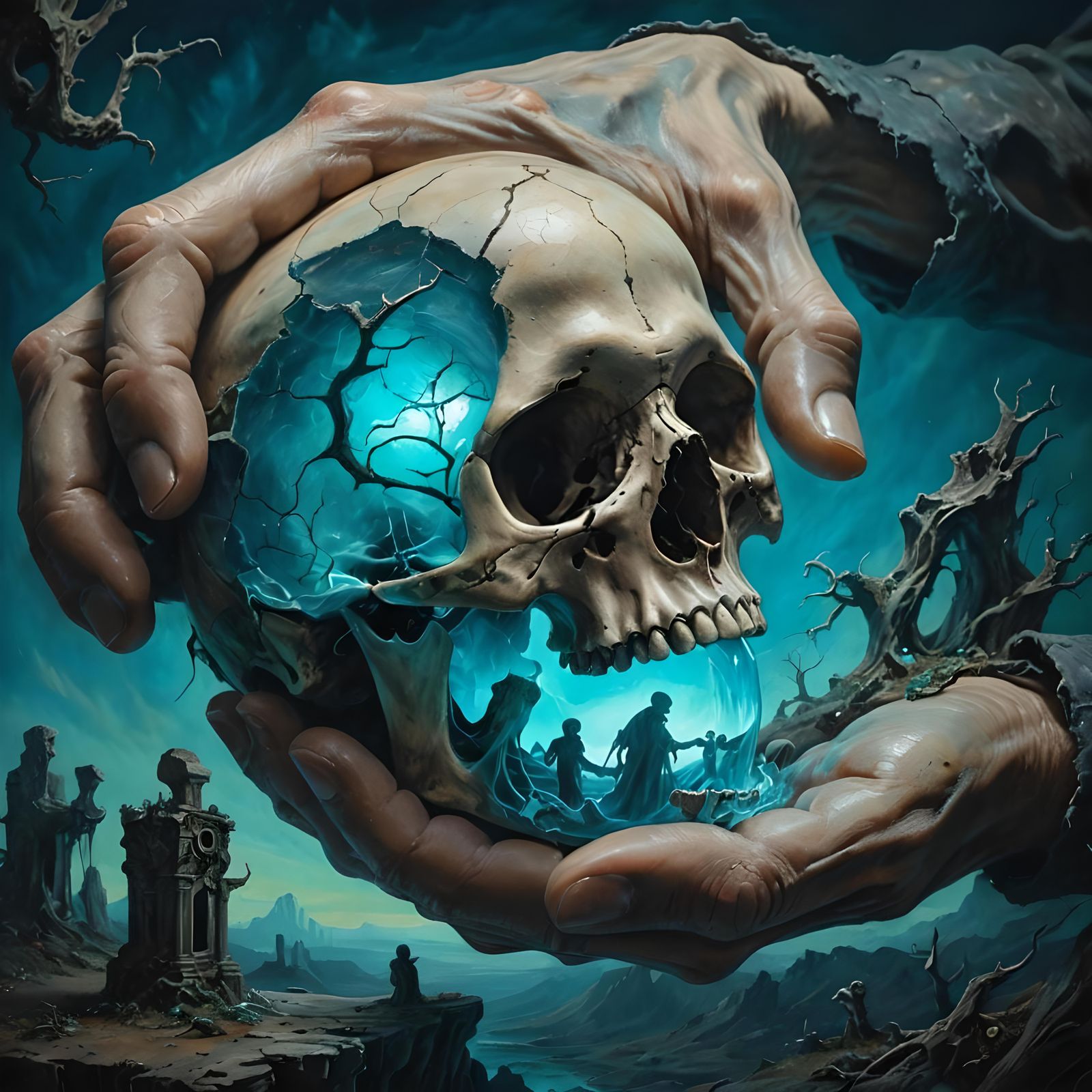 Ethereal Graveyard Revealed Within Cracked Skull