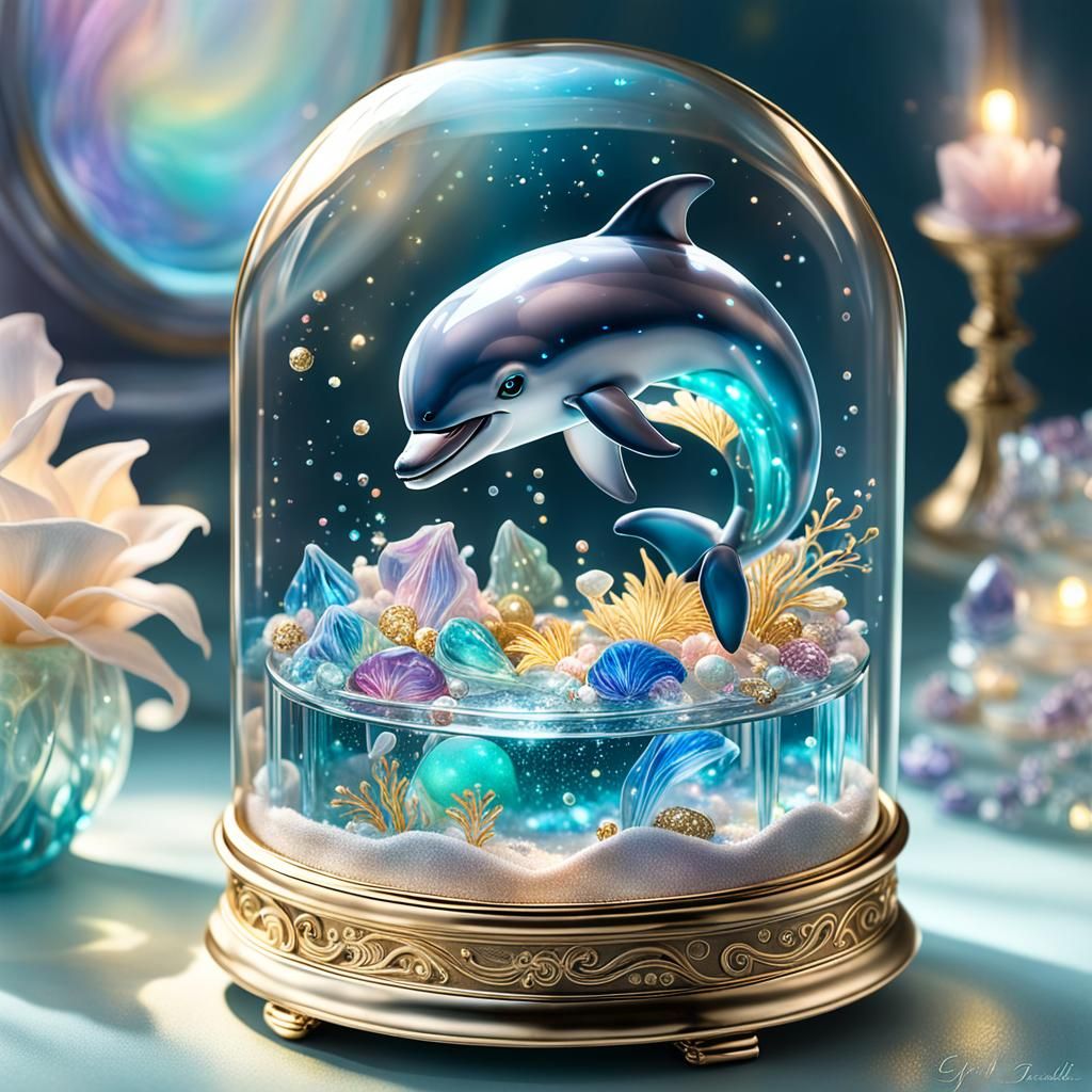 Miniature Dolphin in Jewelry Box: Hyperrealistic Splash Art