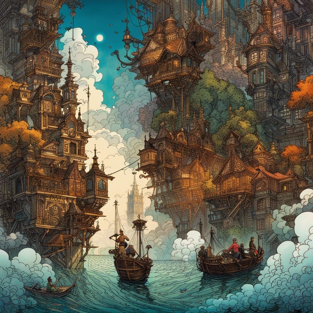 Floating City in the Clouds: High Resolution Illustration