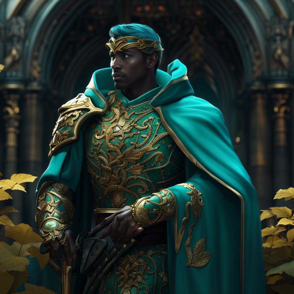 Fantasy Soldier in Teal and Gold