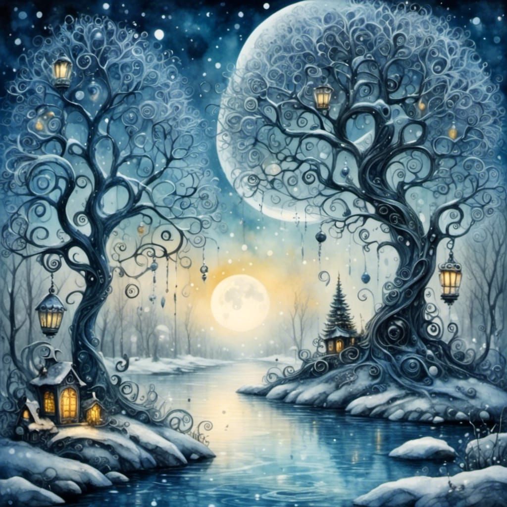 Gothic Christmas Tree in Snowy Forest - Tim Burton Style