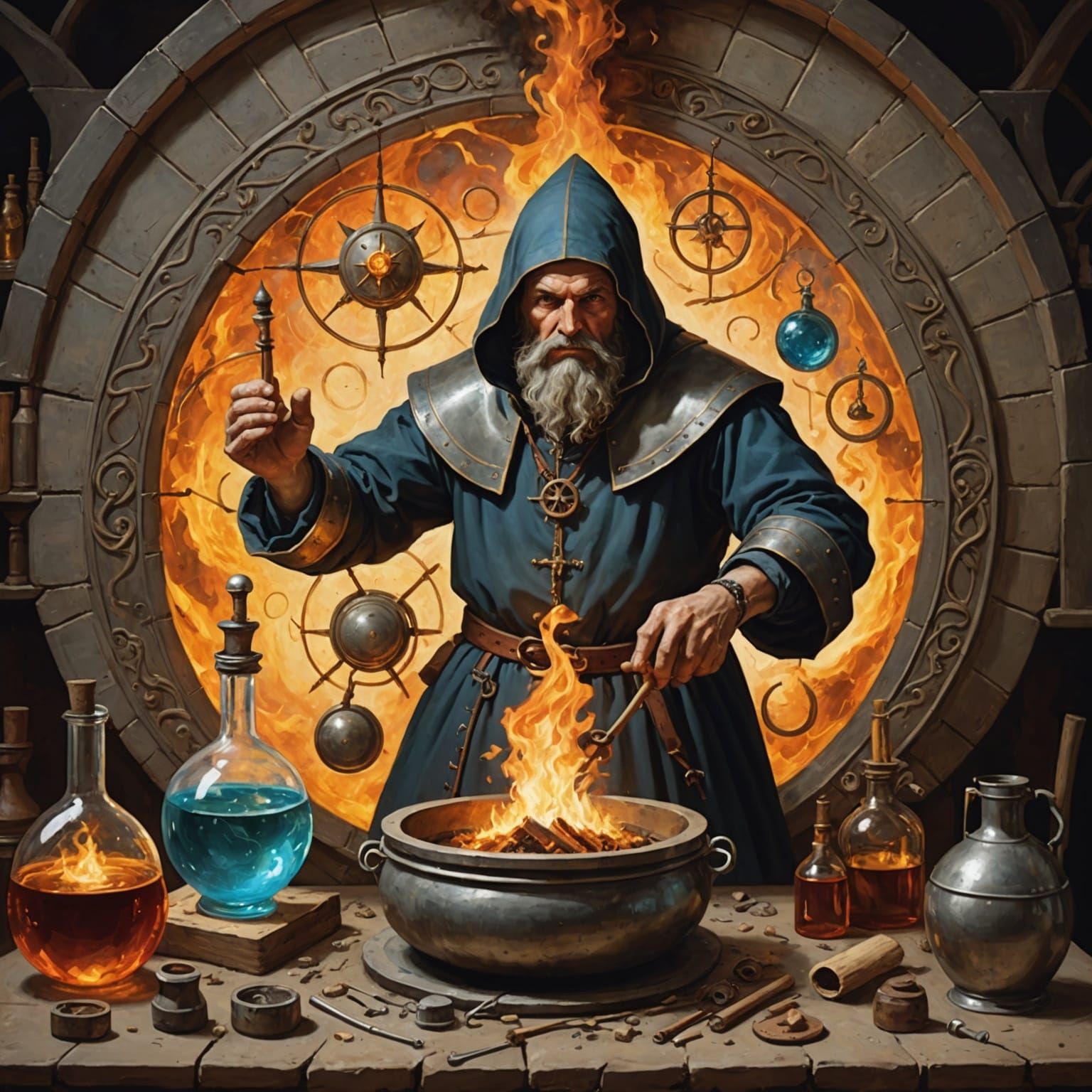 Medieval Alchemist Blending Elements in Laboratory