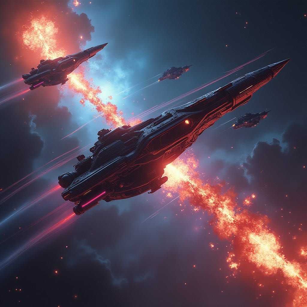 Alien Spaceships Clash in Deep Space with Neon Lights