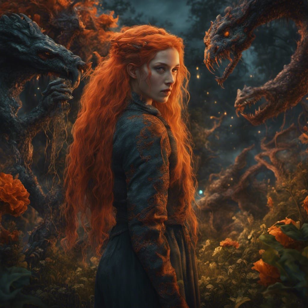 Braided Woman with Monsters in Fantasy Garden
