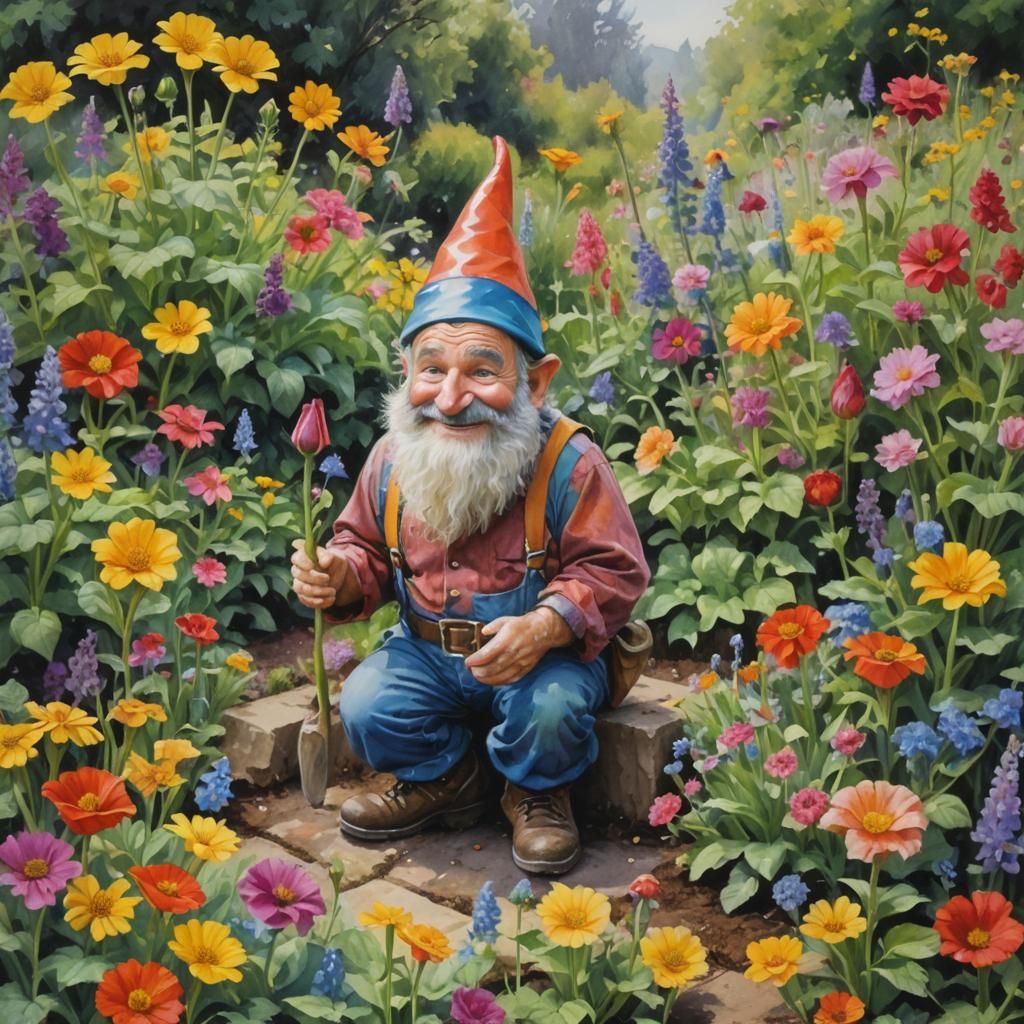 Gnome Painting Flowers in Watercolor Style