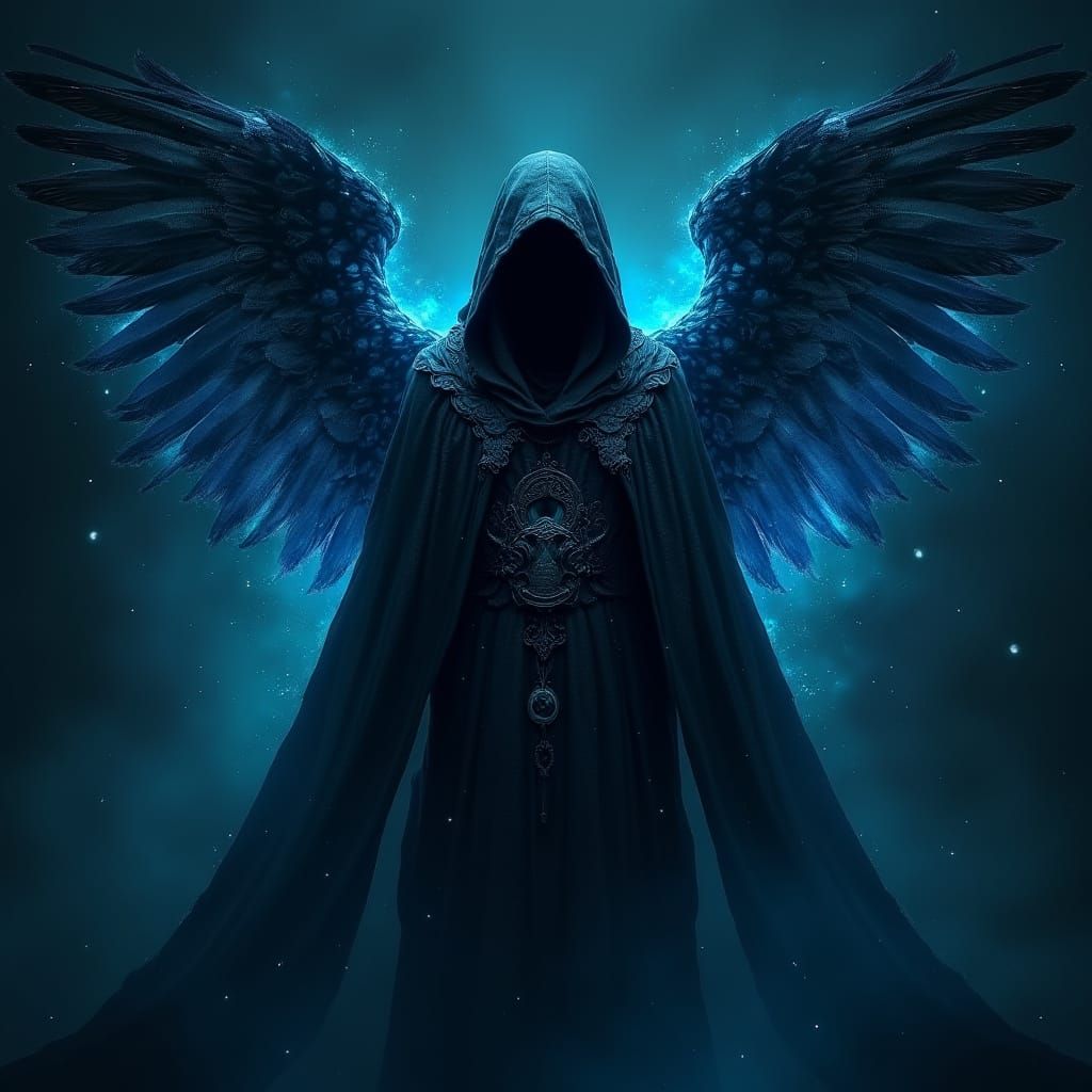 Dark Fantasy Angel in Cosmic Robes with Gigantic Wings