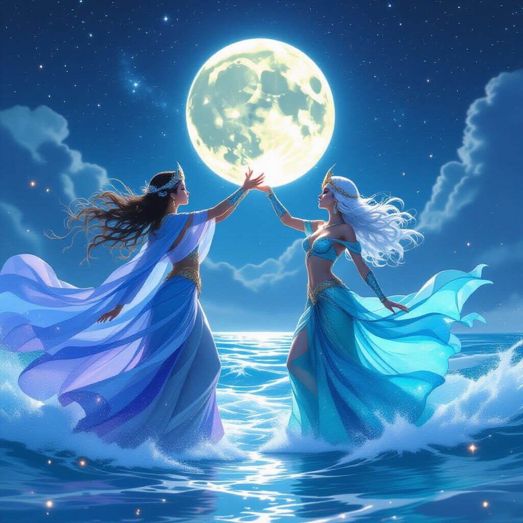 Goddesses Clash Over the Moon in Ethereal Landscape