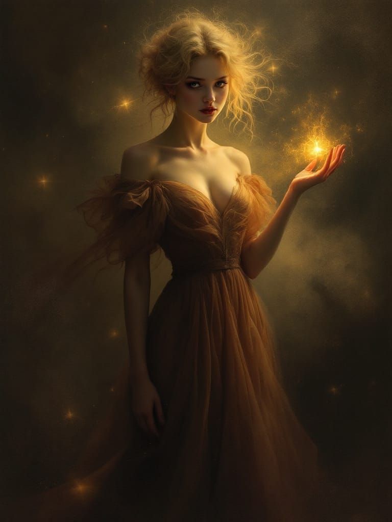 Blond Pin-Up Woman with Fiery Hand in Chiaroscuro
