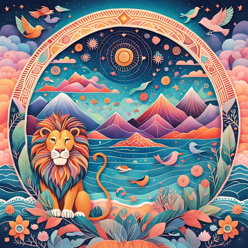 Whimsical Lion Circle in Dreamlike Landscape