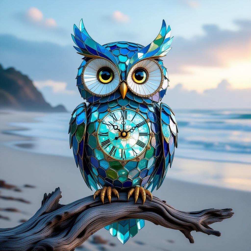 Clockwork Sea Glass Owl Automaton on Beach