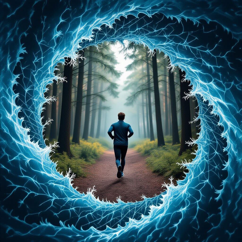 Man Runs Through Fractal Forest Reflection