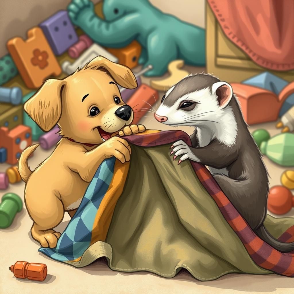Puppy and Ferret Tug-of-War: Whimsical Hand-Drawn Art