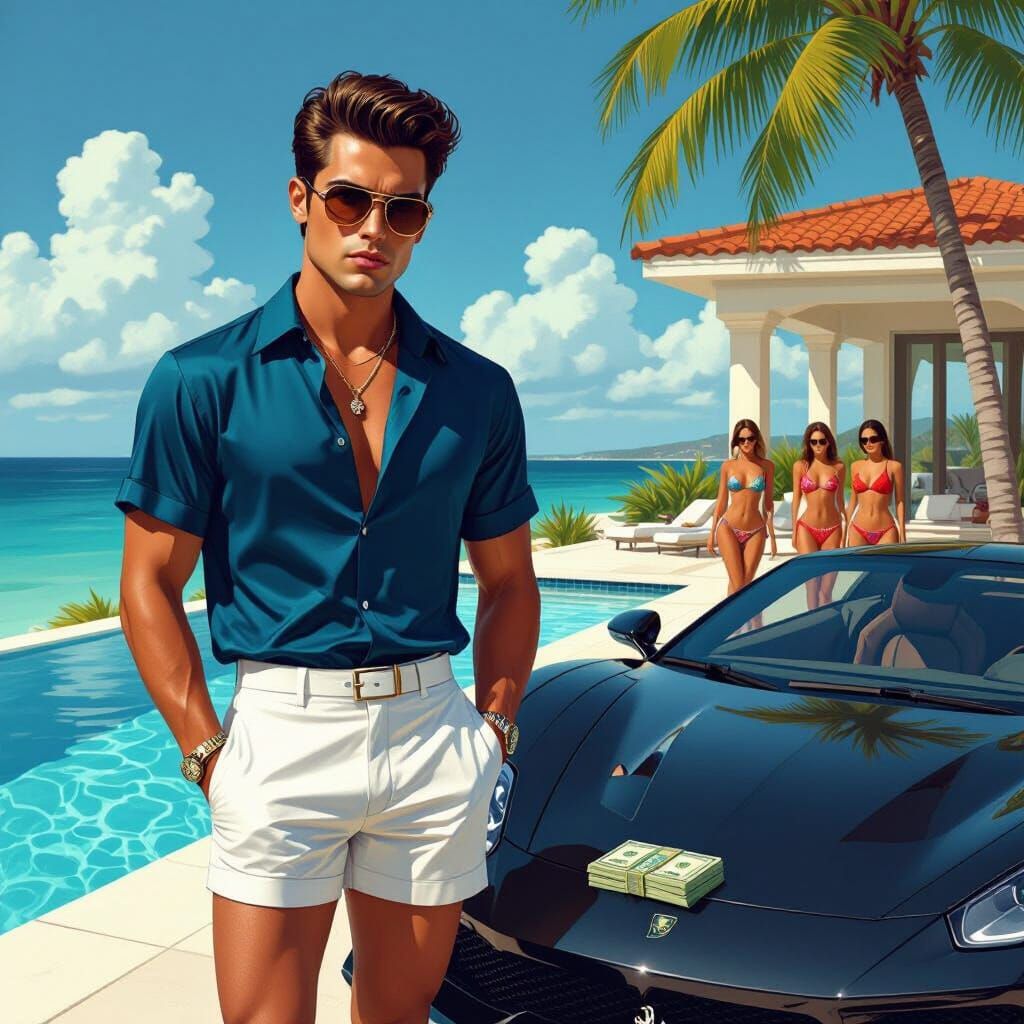 Luxury Villa Car Scene in Patrick Nagel Style