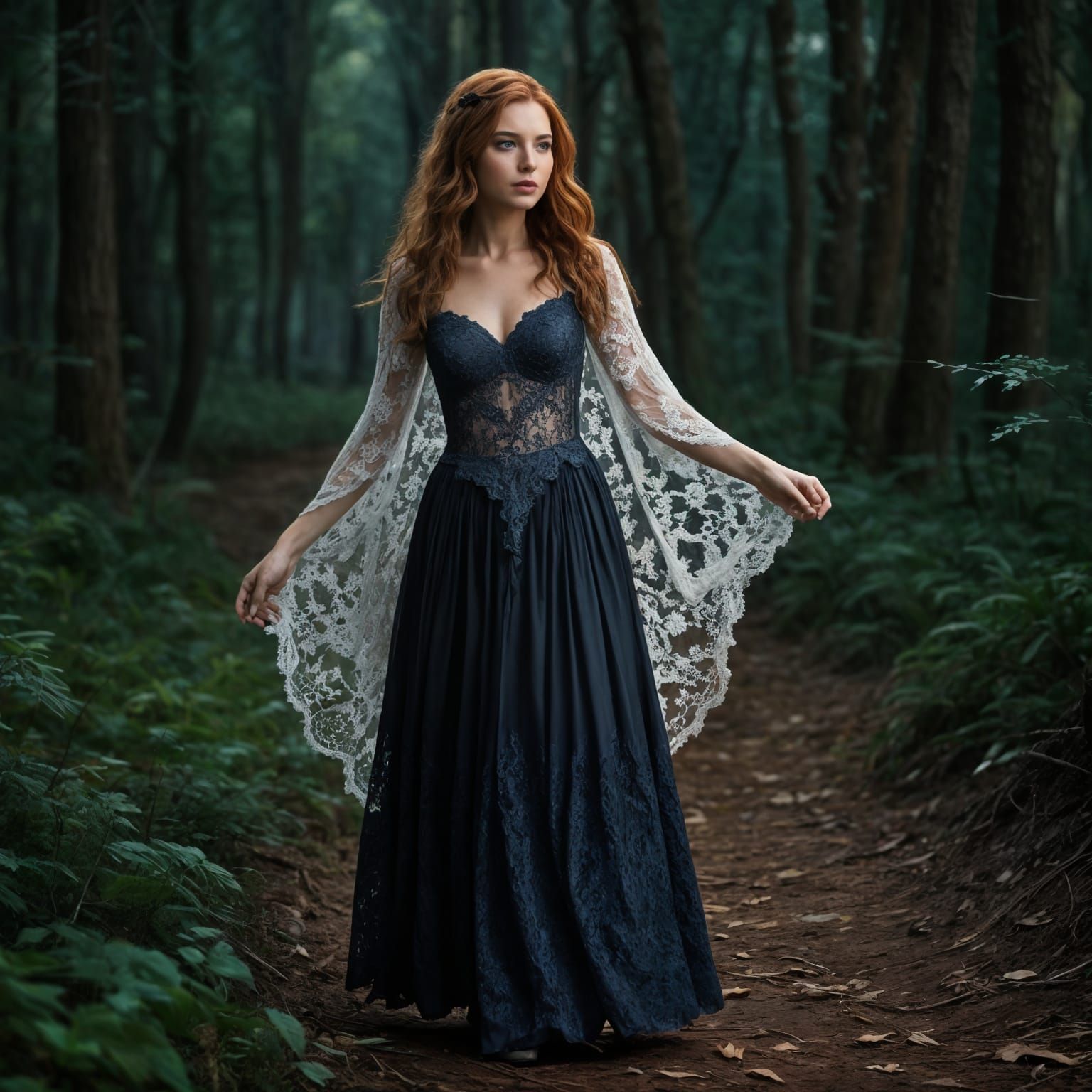 Witch Strolls Through Moonlit Forest in Lace Attire