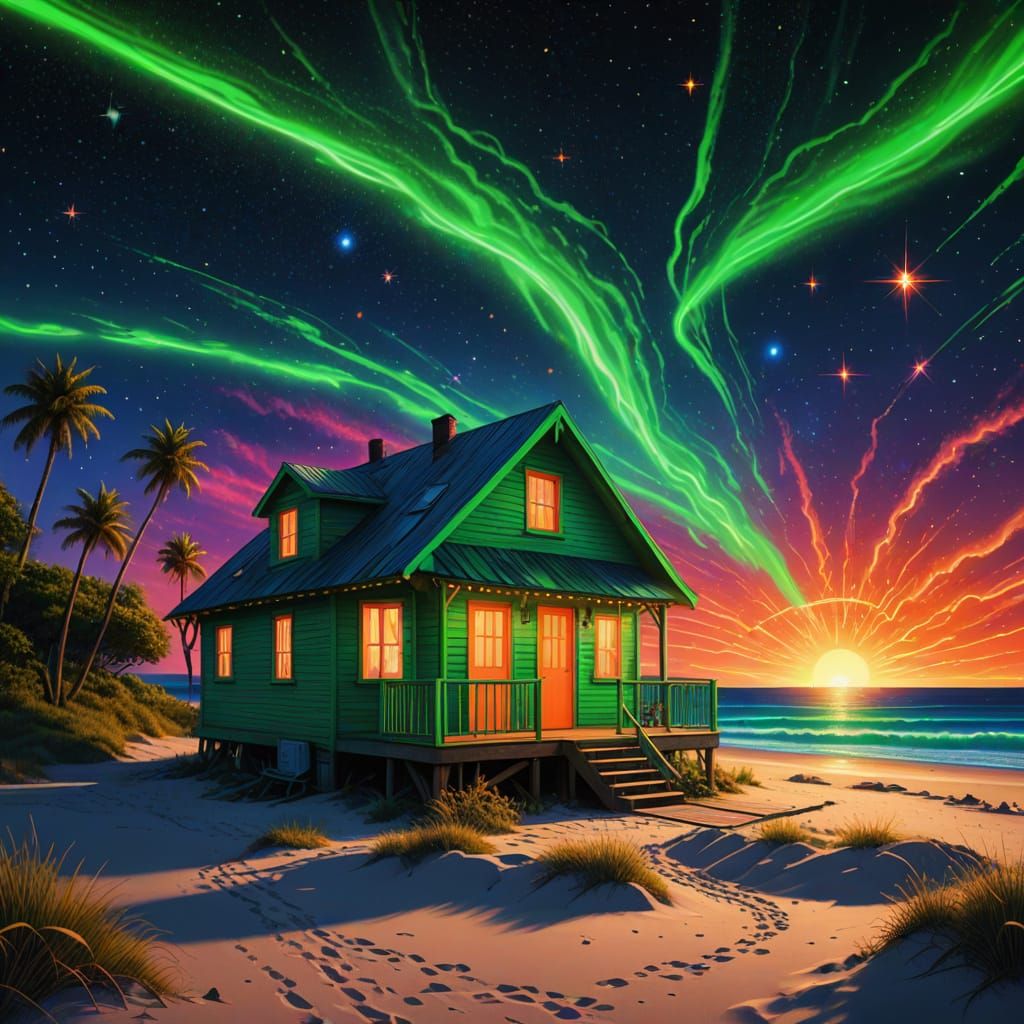 Neon Stars Above Beach Cottage: Cosmic Illustration