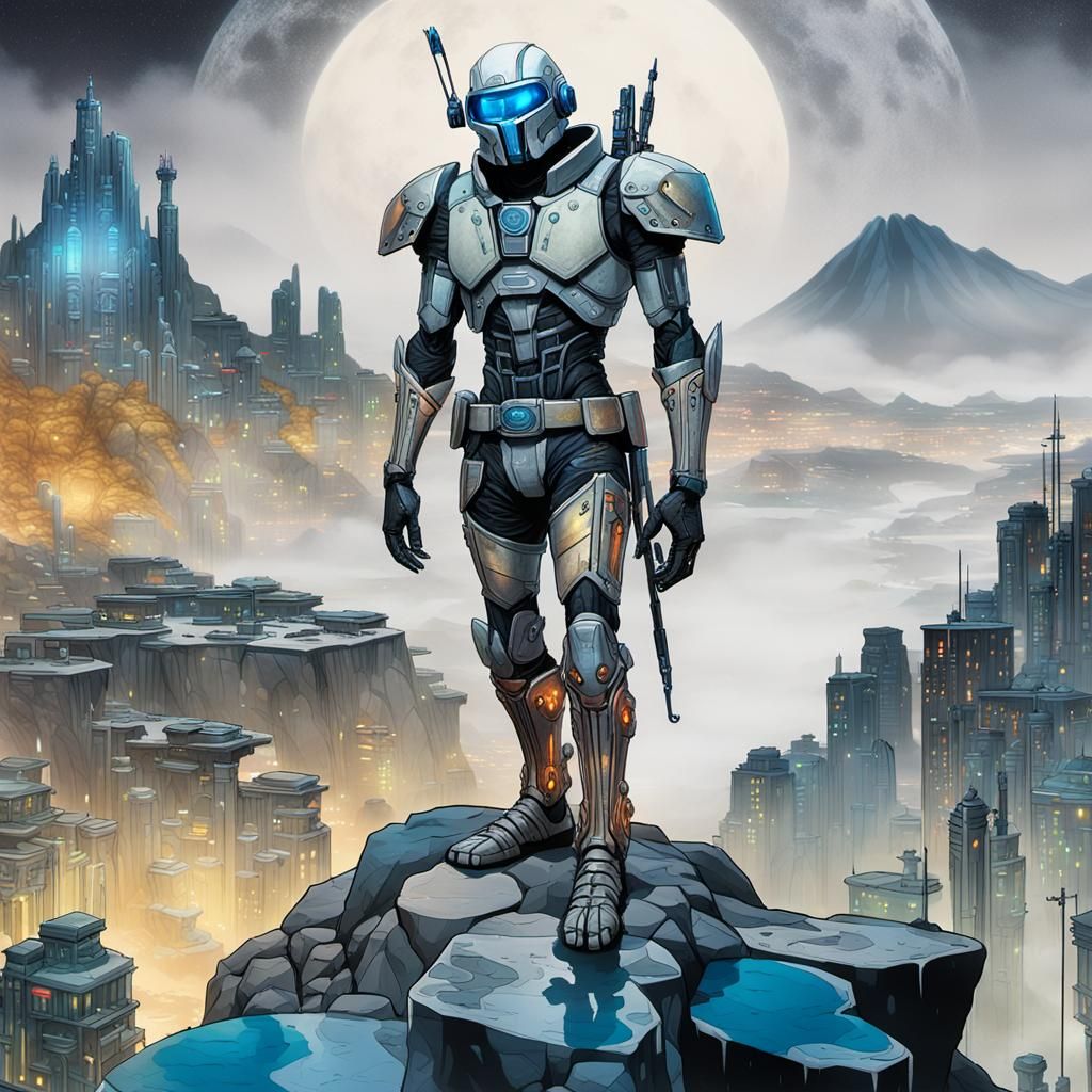 Cybernetic Trandoshan Bounty Hunter in Neon-Lit Cityscape