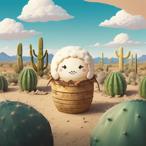 Cute Smiling Cactus in Surreal Desert Landscape