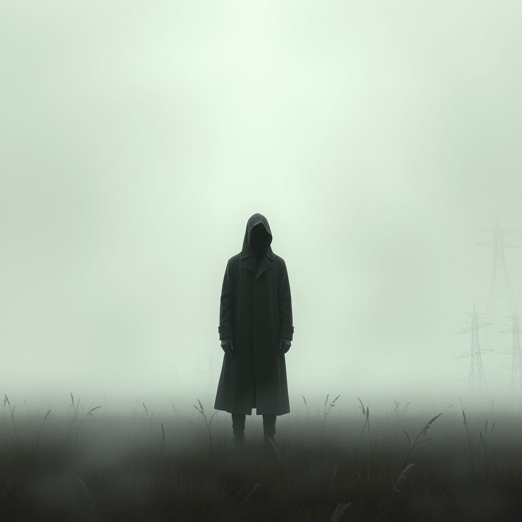 Eerie Figure in Misty Field with Ghostly Whispers