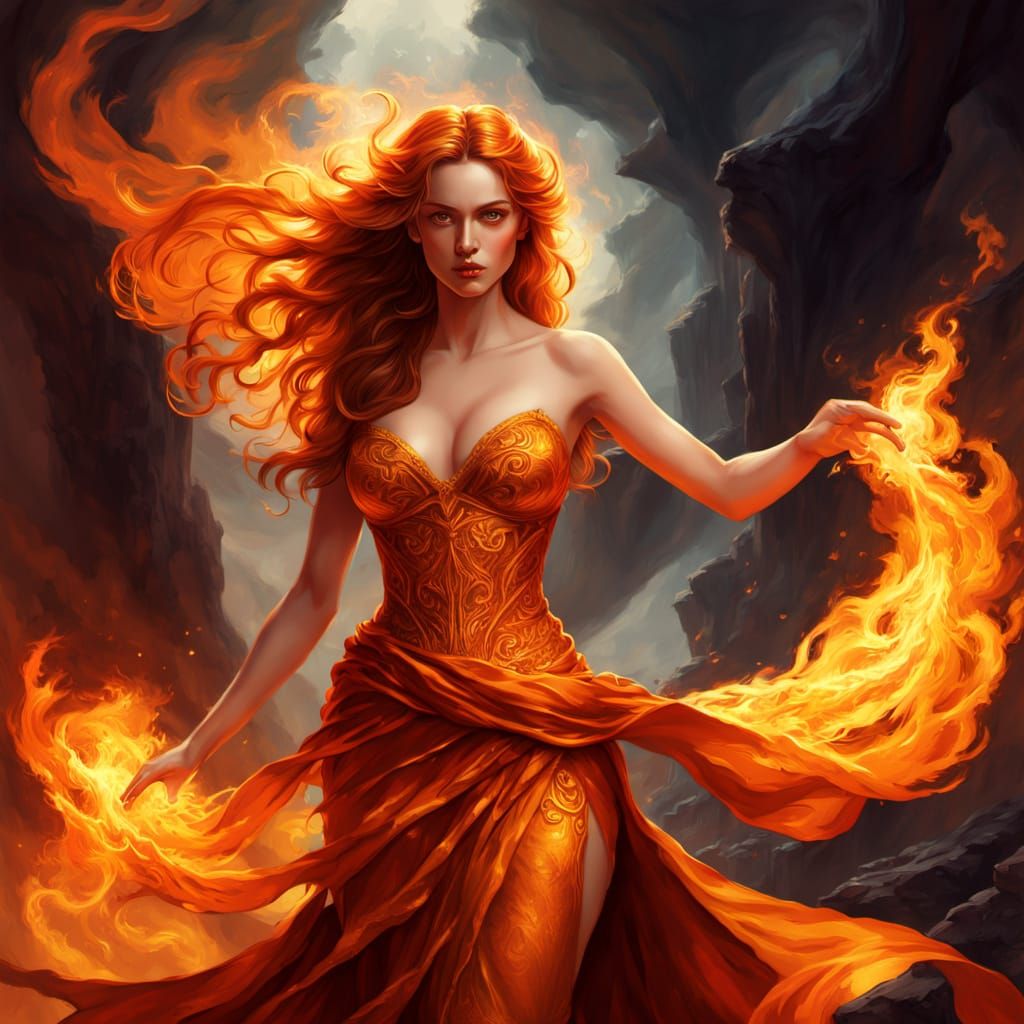 Majestic Woman Ascends from Blazing Inferno