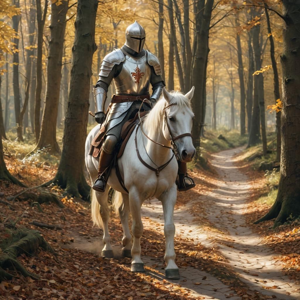 Templar Knight on White Horse in Autumn Forest